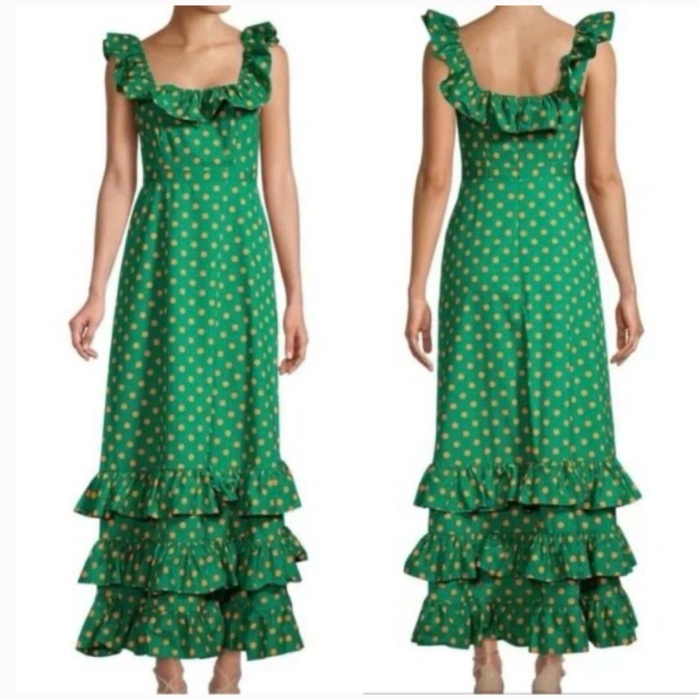 BCBGMaxAzria Green and Orange Polka Dot Ruffle Dress